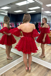 Misshow Red Corset Strapless A-Line Short Tulle Homecoming Dress/Mini Dress with Detachable Sleeves